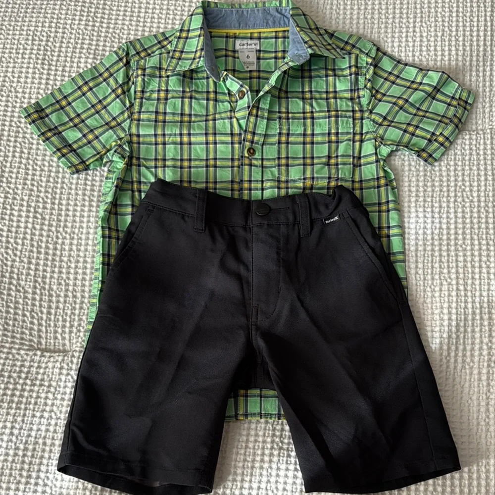 Green Plaid Shirt and Black Shorts Set - Picture 1 of 10